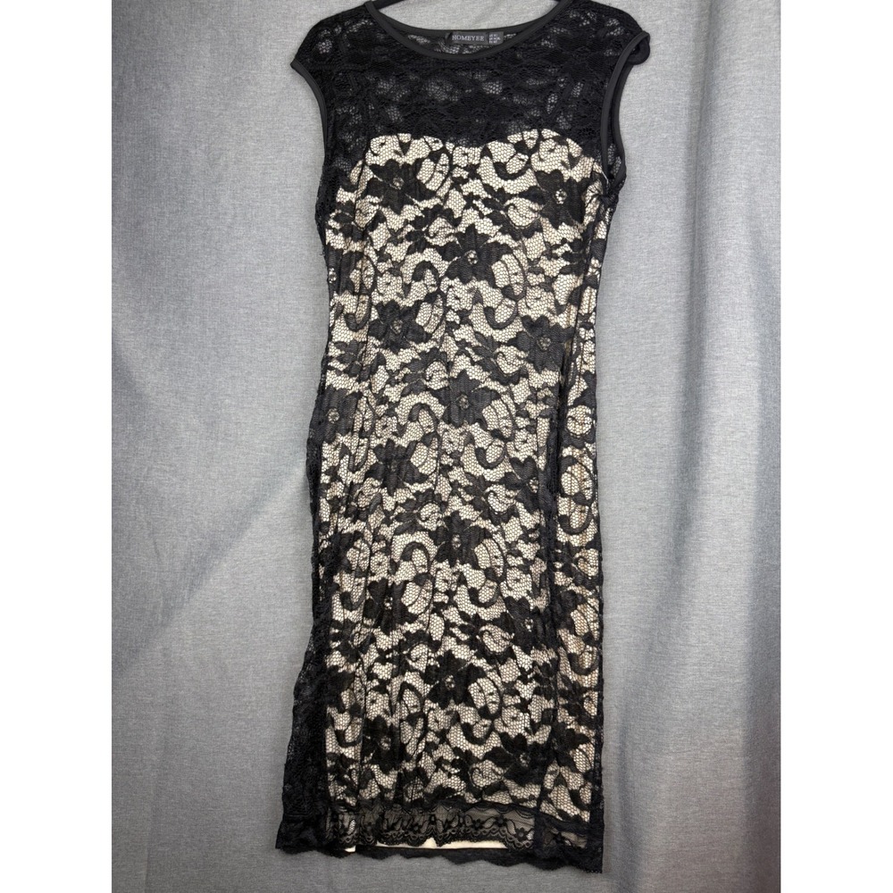 HOMEYEE Black Floral Lace Sheath Dress Cap Sleeve Cocktail Sz 10 Bodycon Y2K 90s - Picture 2 of 5